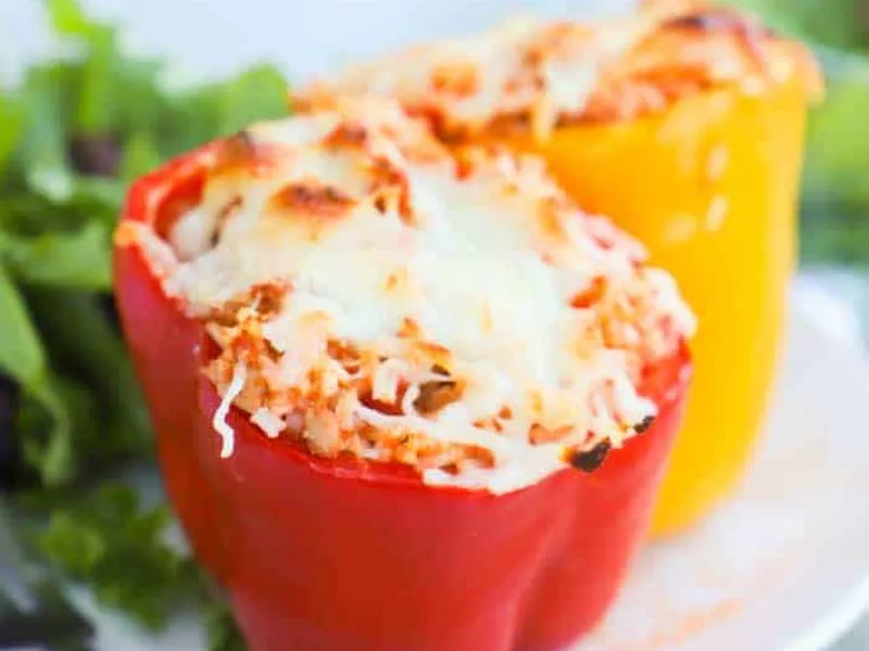 Ground Turkey Rice Stuffed Bell Peppers with Mozzarella