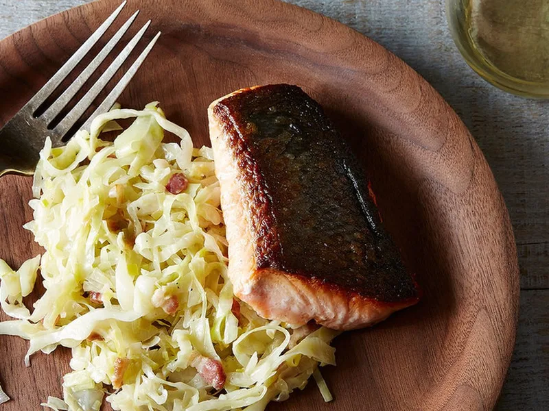 Russ Parsons's Crisp-Skinned Salmon with Creamy Leeks and Cabbage