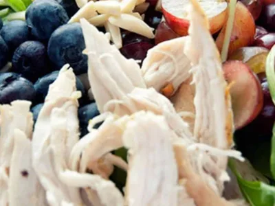 Grilled Chicken Salad with Almond Dressing and Fresh Fruit