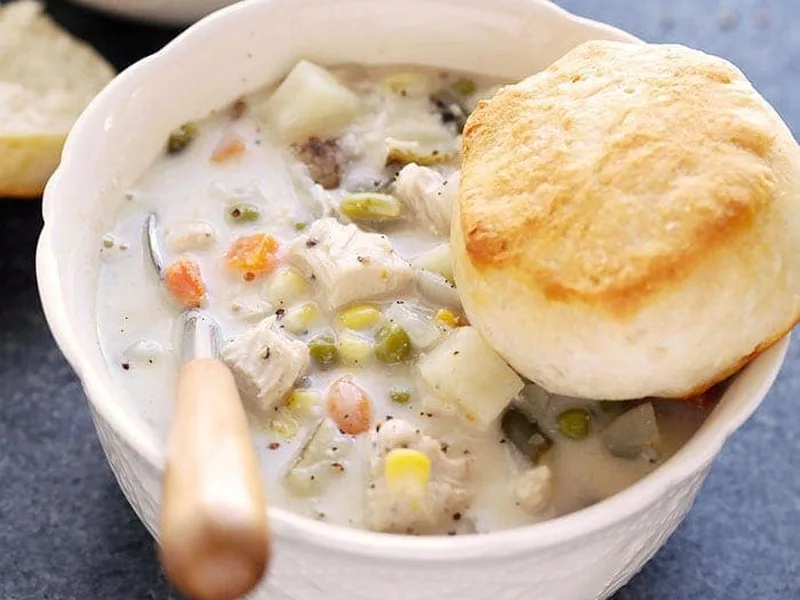 Slow Cooker Chicken Pot Pie Soup with Creamy Roux
