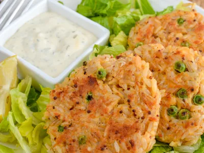 Baked Salmon and Brown Rice Cakes with Dill Yogurt