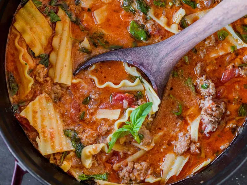 Italian Lasagna Soup with Sausage and Fresh Basil