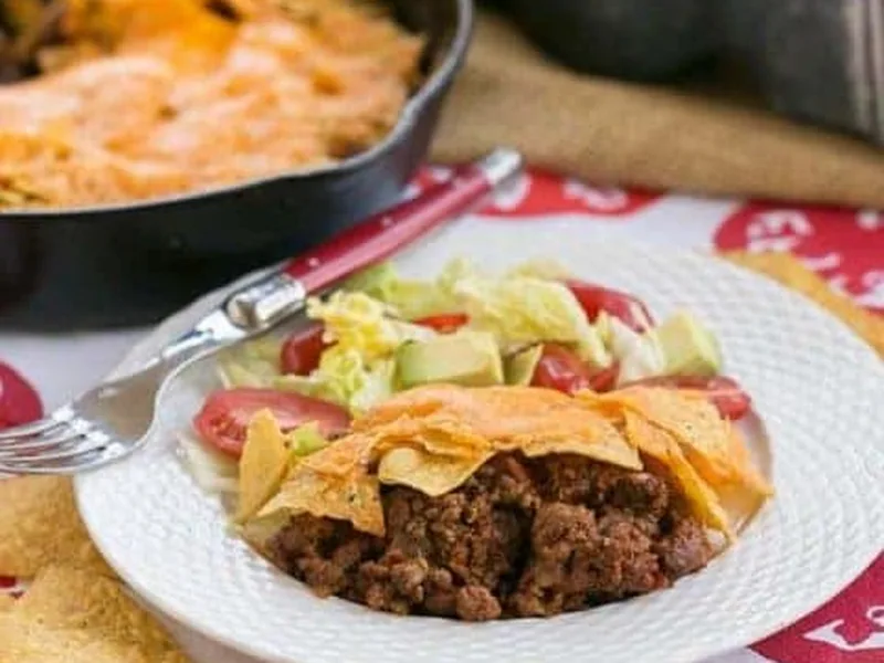 Easy Retro Skillet Taco Pie with Crushed Tortilla Chips