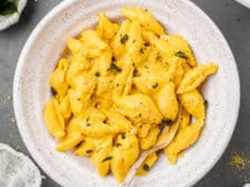Creamy Pumpkin Pasta with Fried Sage and Cashew Cauliflower