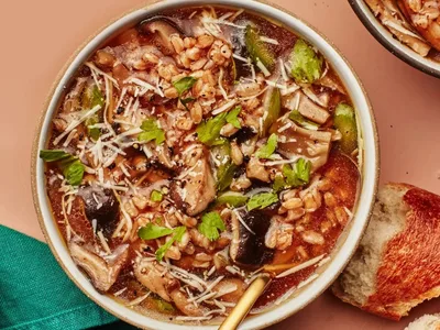 Hearty Mushroom Farro Vegetable Stew with Kale