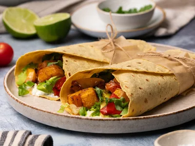 Roasted Squash and Peppers Wraps with Cilantro Cream