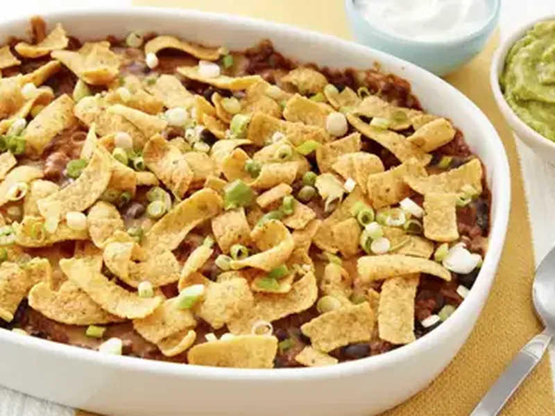 Fritos Pie Casserole with Seasoned Ground Beef and Black Beans