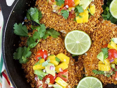Tortilla Crusted Tilapia with Mango Avocado Salsa