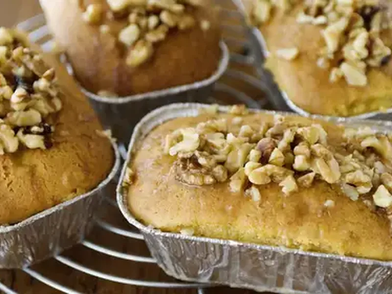 Whiskey-Vanilla Poke Cakes with Walnut Topping