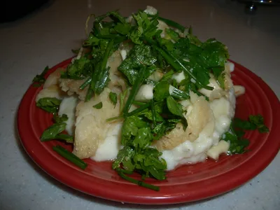 Salt Cod and Mashed Potatoes with Garlic Parsley Oil
