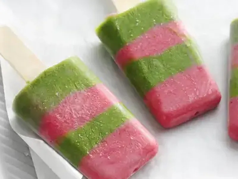 Layered Strawberry Green Smoothie Pops with Vanilla Yogurt