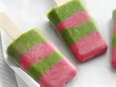Layered Strawberry Green Smoothie Pops with Vanilla Yogurt
