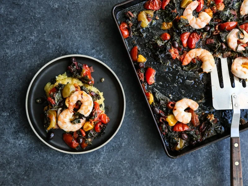 Sheet Pan Shrimp Puttanesca with Chard