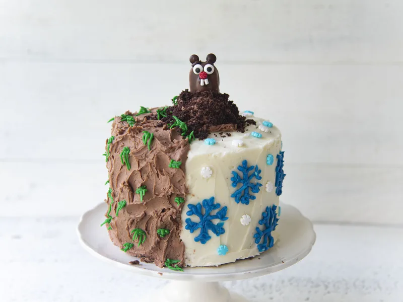 Groundhog Day Layer Cake with Chocolate and Vanilla Frosting