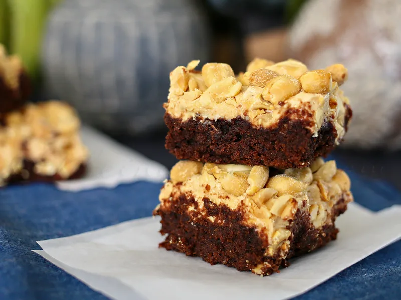 PayDay Candy Bar Brownies with Peanut Butter Marshmallow Topping