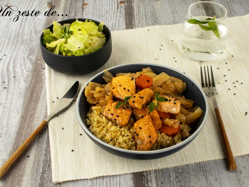 Pan-Seared Salmon with Bulgur, Cabbage and Teriyaki
