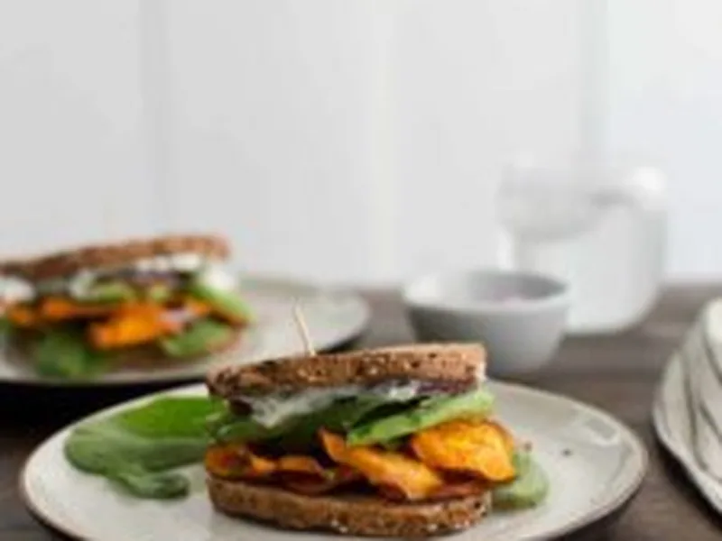 Chili Roasted Sweet Potato Sandwich with Feta Yogurt Sauce