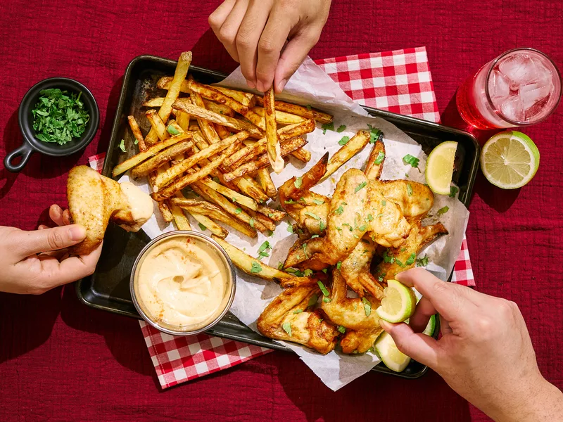 Air Fryer Chicken Wings and Fries with Chipotle Lime Dip