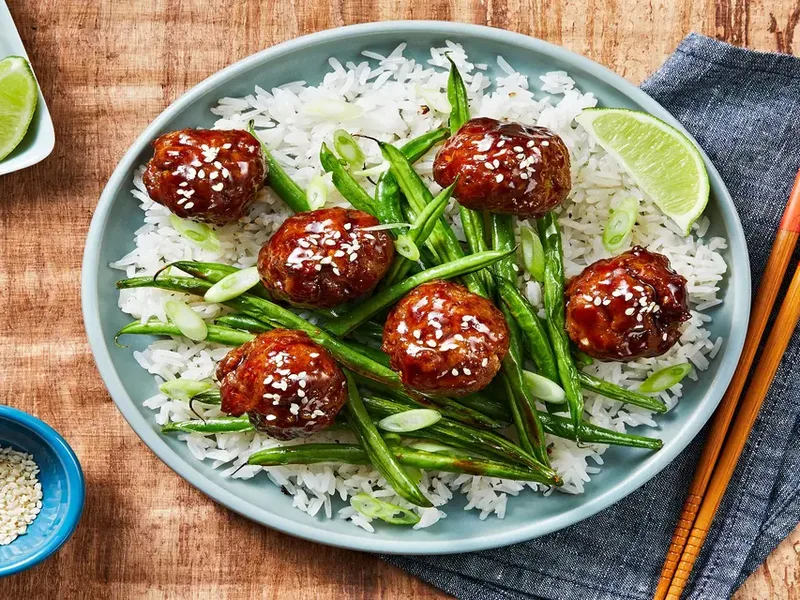 Hoisin-Glazed Beef Meatballs with Jasmine Rice and Green Beans