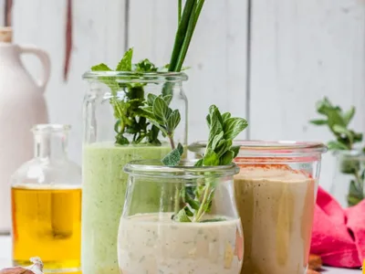 Three Vegan Salad Dressings: Tahini, BBQ Ranch, Green Goddess