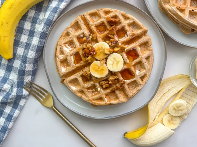 Banana Maple Walnut Waffles with Toasted Nuts