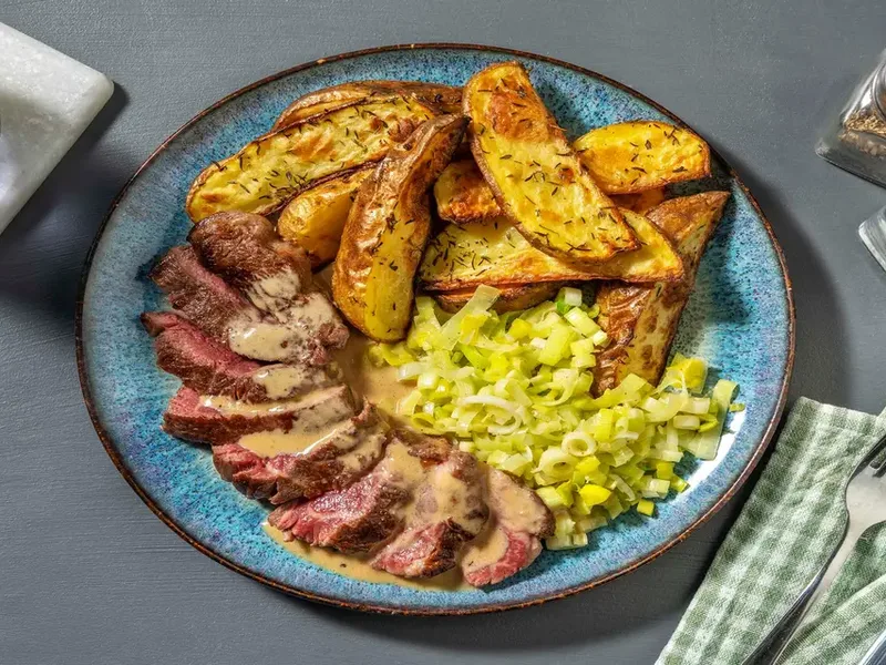 Beef Pavé with Pepper Sauce, Potatoes and Leeks