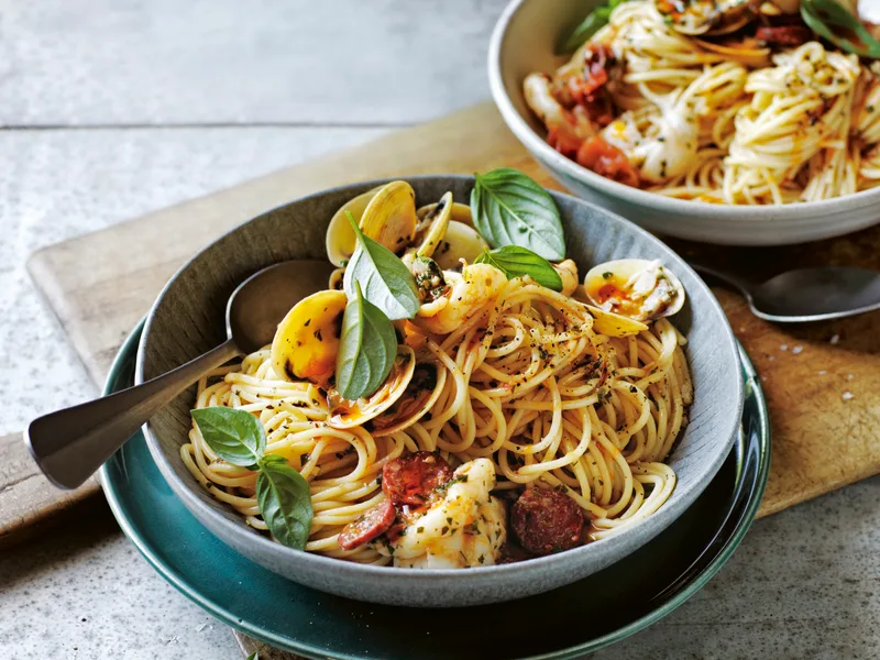 Spaghetti with Chorizo, Clams and Shrimp Oil