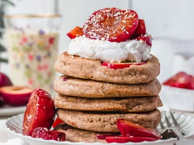 Sticky Maple Plum Buckwheat Pancakes with Coconut Yoghurt