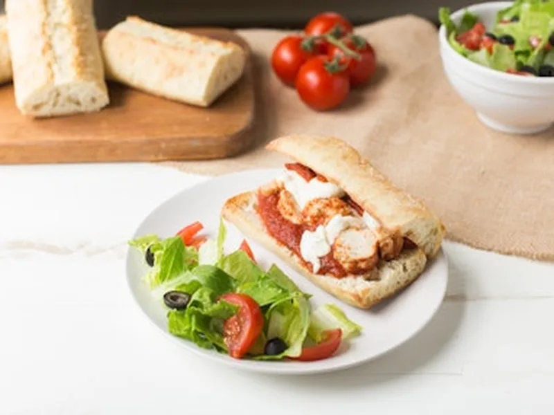 Broiled Eggplant Marinara Subs with Fresh Garden Salad