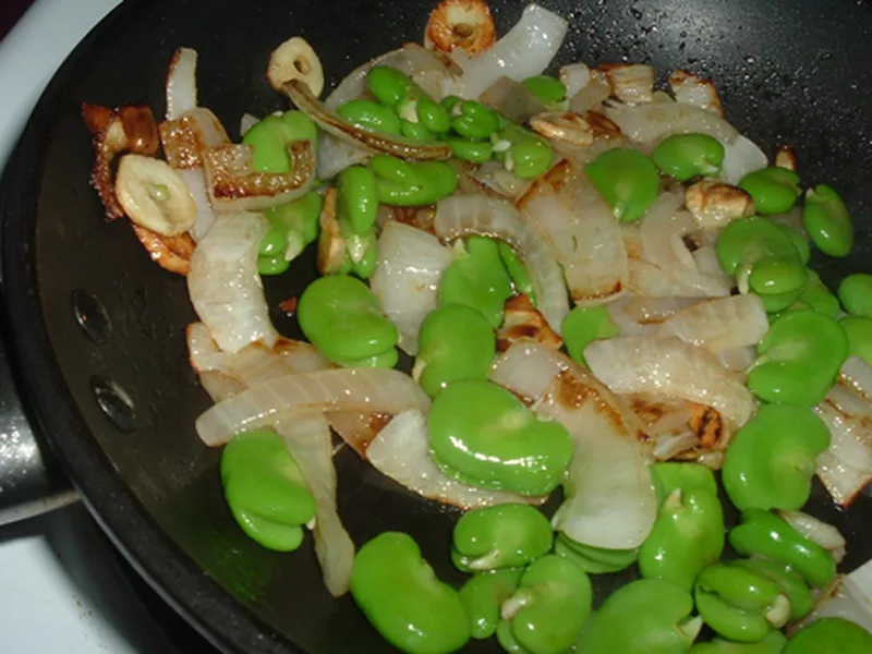 Caramelized Onions and Fava Beans with Parmesan