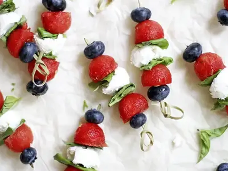 Red White Blue Watermelon Feta Skewers with Fresh Basil