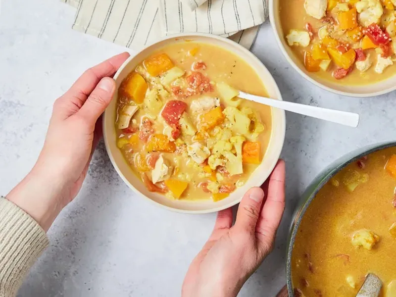 Creamy Chicken Coconut Curry Soup with Roasted Squash