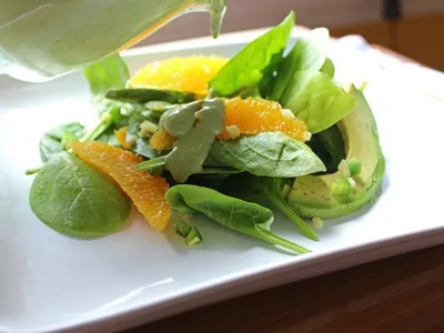 Spinach Avocado Orange Salad with Basil Walnut Dressing