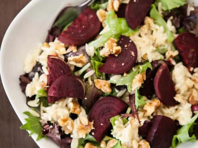 Roasted Beet and Blue Cheese Orzo Salad with Toasted Walnuts