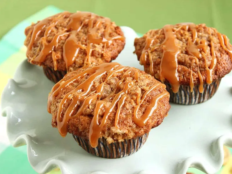Caramel Banana Oat Muffins with Pecan Streusel Topping