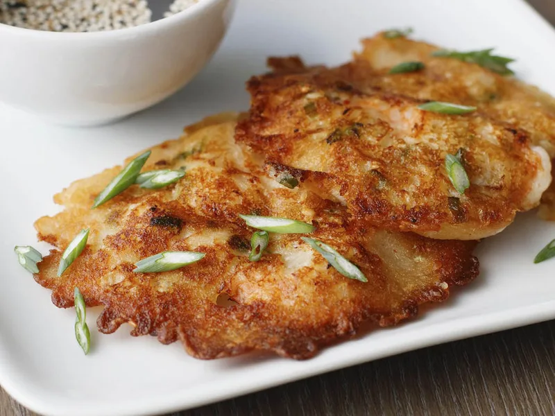 Korean Shrimp and Kimchi Pancakes with Sesame Soy Sauce