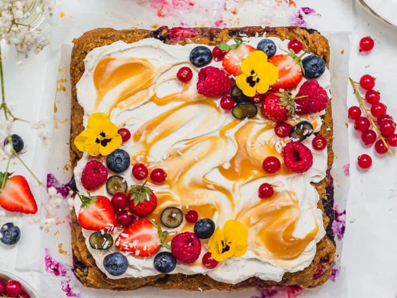 Vegan Gluten-Free Berry Caramel Sheet Cake with Oat Cream