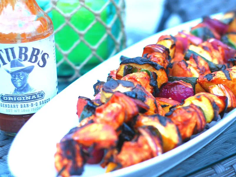 BBQ Chicken, Peach & Poblano Skewers
