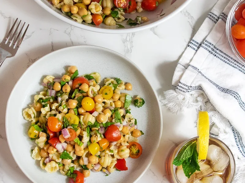 Cherry Tomato Chickpea Pasta Salad with Red Wine Vinaigrette