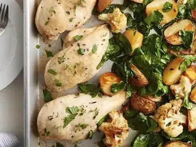 One-Pan Roasted Chicken with Potatoes and Cauliflower