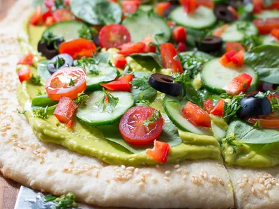 Gluten-Free Guacamole Pizza with Fresh Vegetables