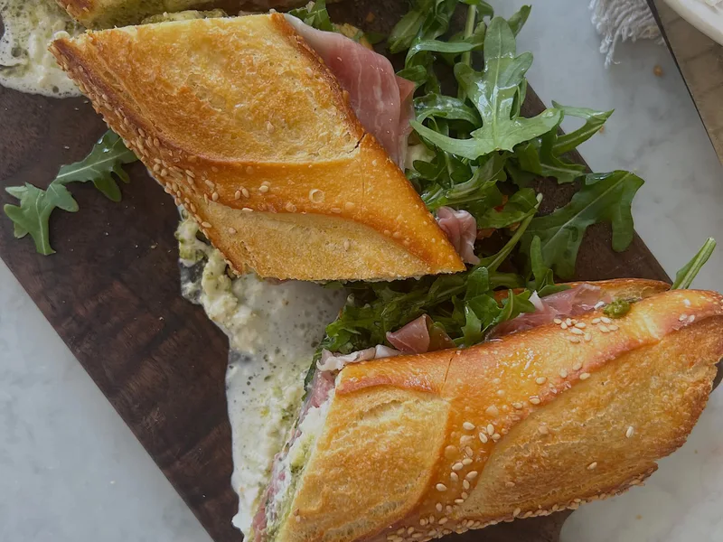Crispy Semolina Bread Prosciutto Sandwich with Burrata