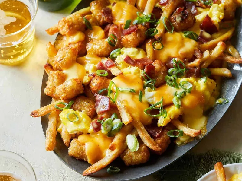 Breakfast Poutine with Hollandaise and Scrambled Eggs