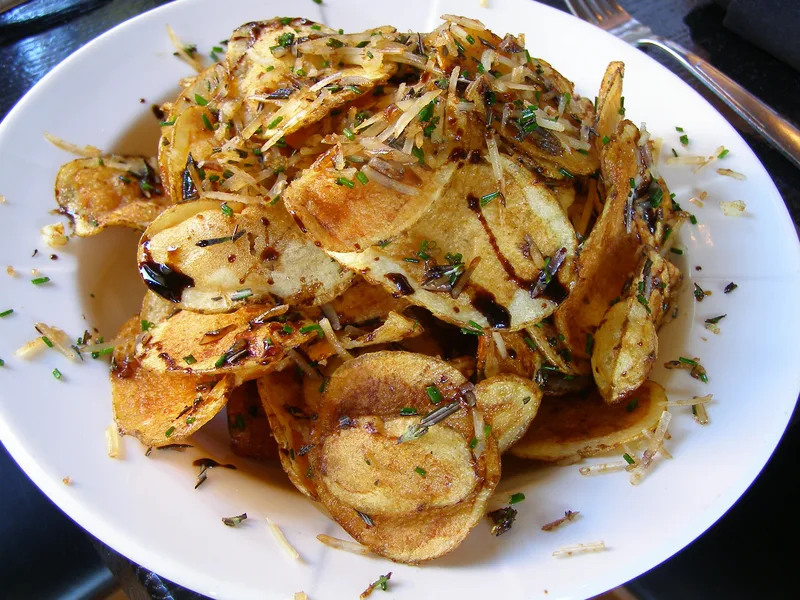 Crispy Parmesan Rosemary Potato Chips with Balsamic Syrup