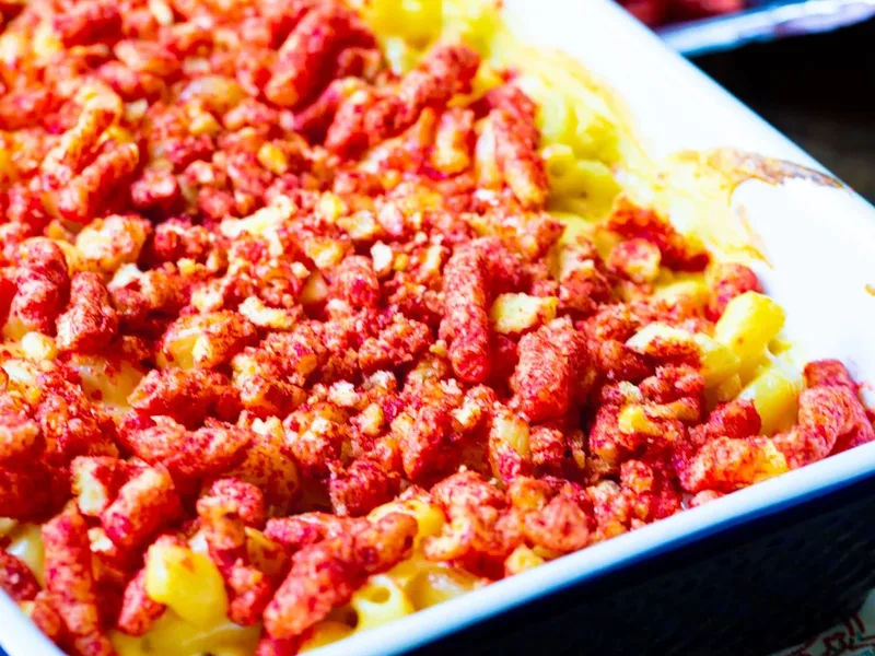Baked Flamin Hot Cheetos Mac and Cheese with Sharp Cheddar