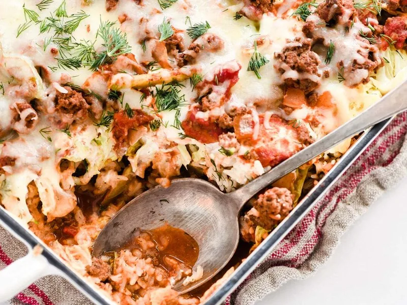 Hamburger Cabbage Casserole with Rice and Tomato Sauce