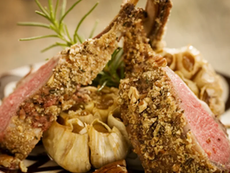 Honey Mustard Herb-Crusted Roasted Lamb Rack with Pecans