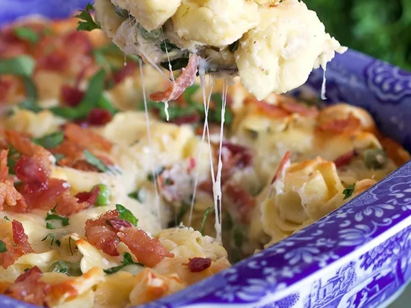 Cheesy Bacon Tortellini Bake with Five Cheese Sauce