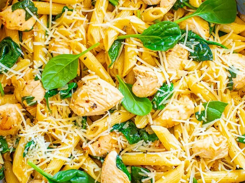 Lemon Parmesan Chicken Pasta with Wilted Spinach
