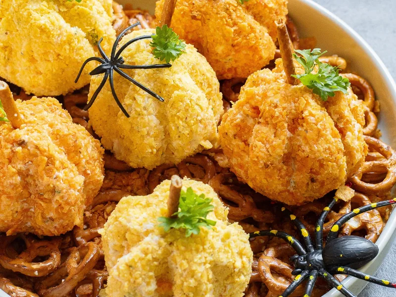 Pumpkin-Shaped Cheeseball with Doritos Coating